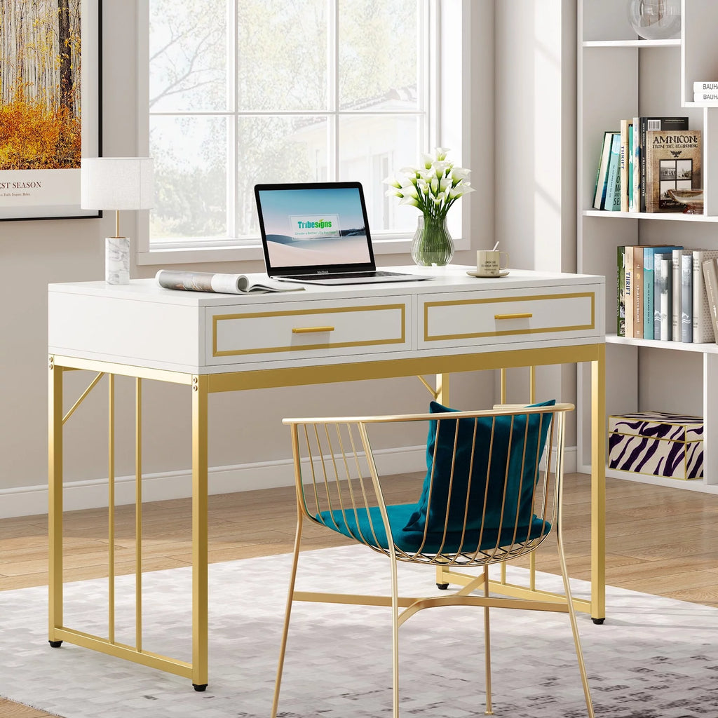 White and Gold Computer Writing Desk with 2 Drawers H636095