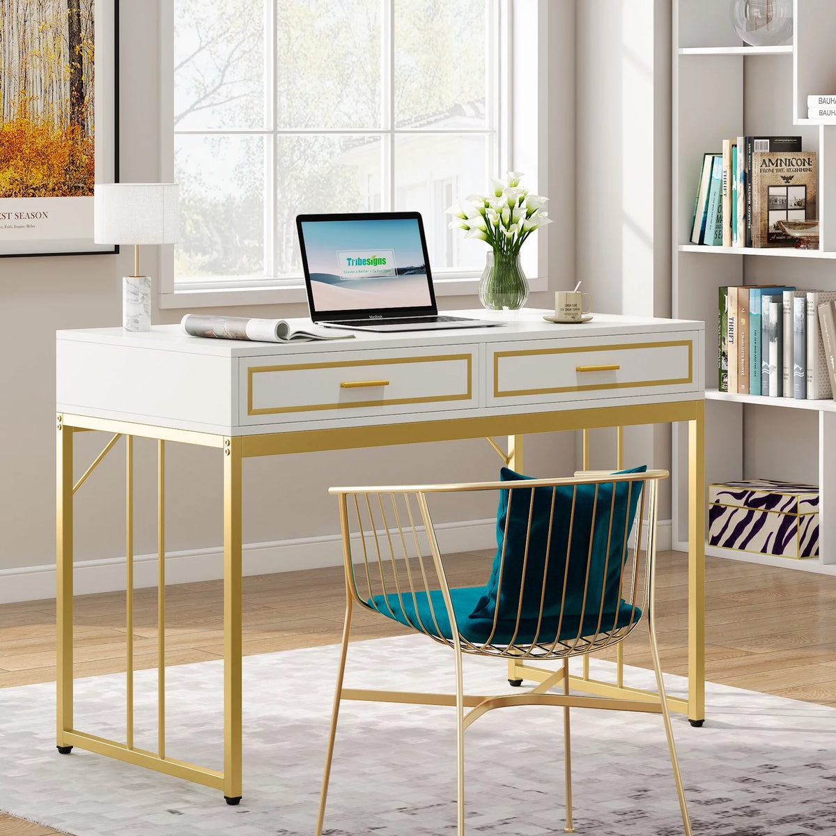 White and Gold Computer Writing Desk with 2 Drawers H636095