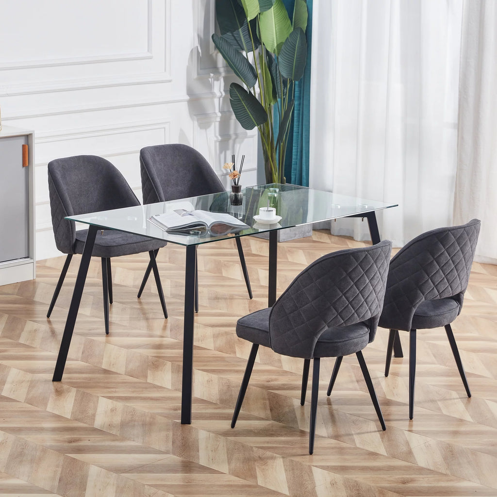 Rectangular Glass Dining Table for 4-6 with Tempered Glass Tabletop and Black Metal Legs S20750