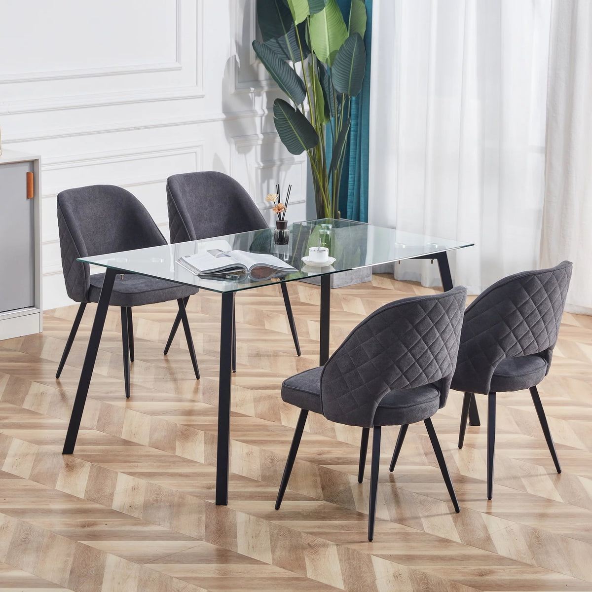 Rectangular Glass Dining Table for 4-6 with Tempered Glass Tabletop and Black Metal Legs S20750