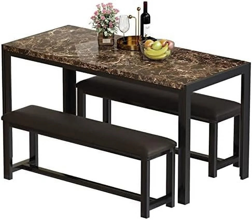 Dining Table Set for 4 with 2 PU Leather Upholstered Benches D71489