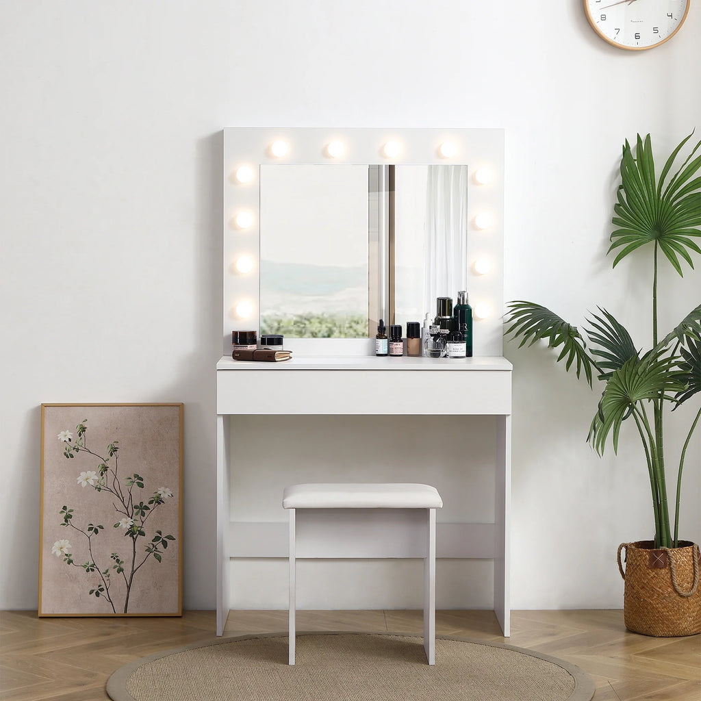 White Vanity Table with Lighted Mirror and Stool M44148