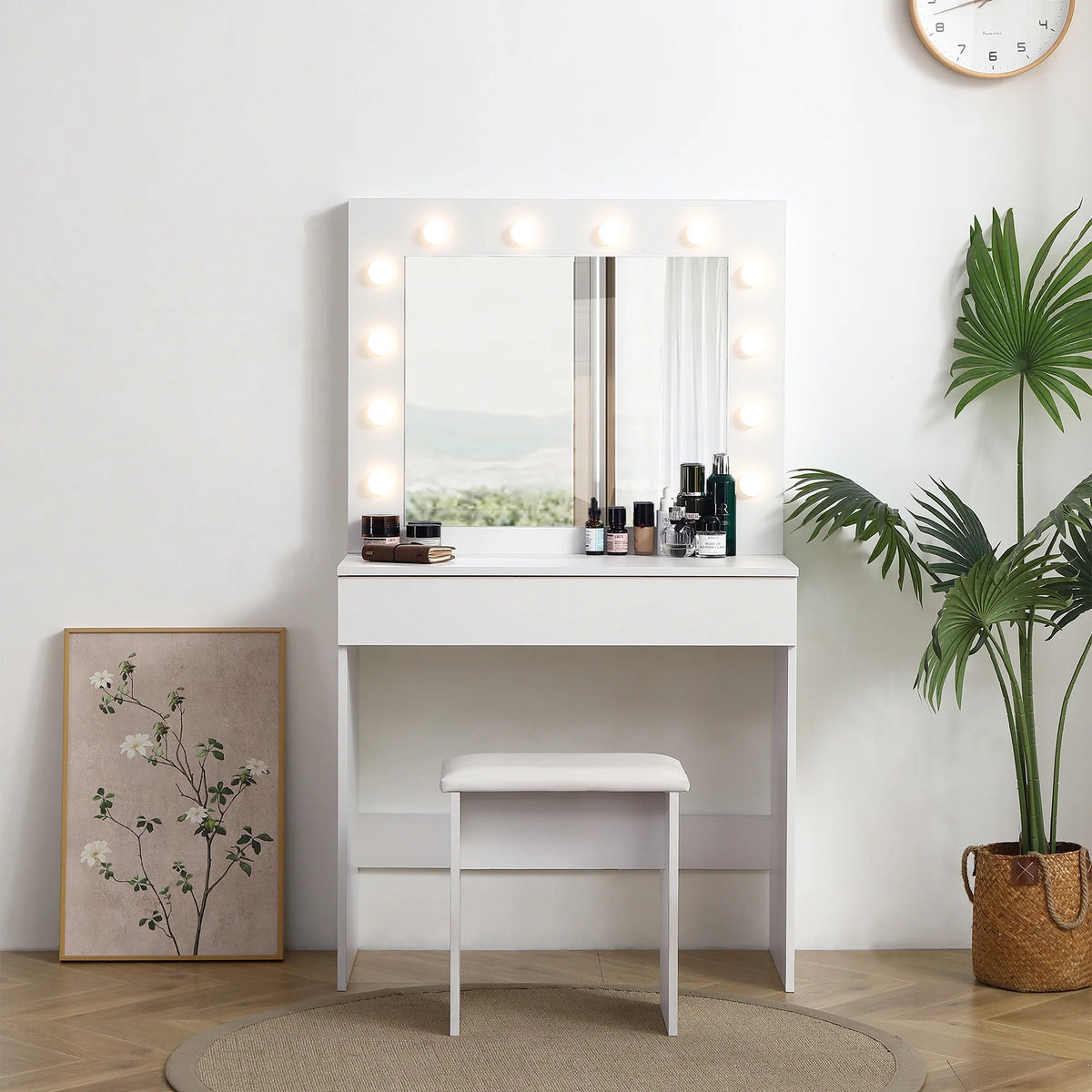 White Vanity Table with Lighted Mirror and Stool M44148
