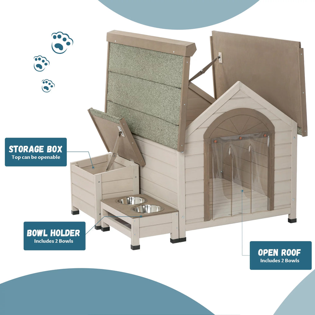 Outdoor Wood Dog House with Feeding Station and Storage Box Z89891