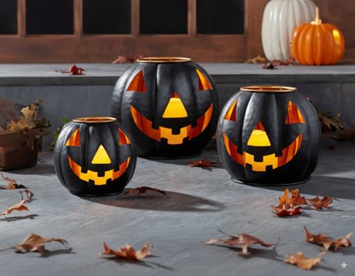 Metal Jack O Lanterns Pumpkin Set of 3 with LED Candles I491