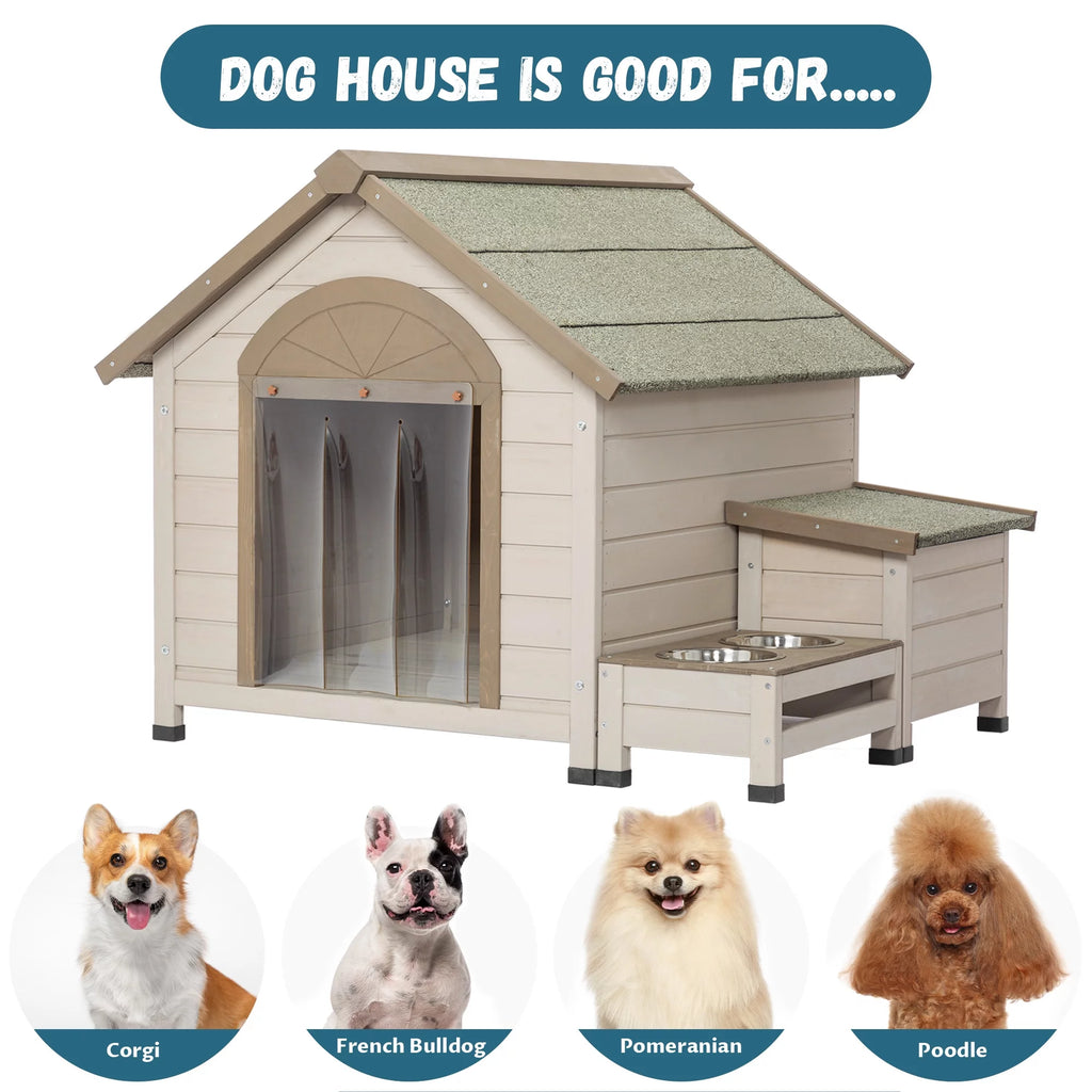 Outdoor Wood Dog House with Feeding Station and Storage Box Z89891