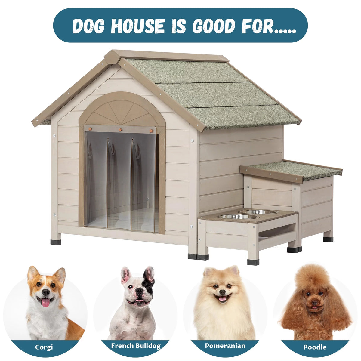 Outdoor Wood Dog House with Feeding Station and Storage Box Z89891
