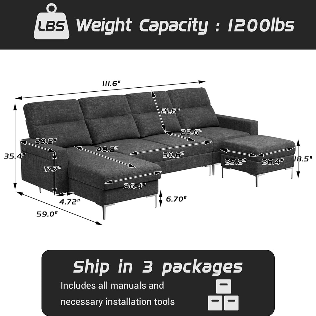 Modular U Shaped Fabric Sectional Sofa with Ottoman, 4 Seater, Metal Legs, Dark Grey E840